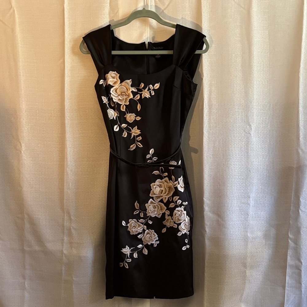 White House Black Market Black Dress with Cream Floral Design